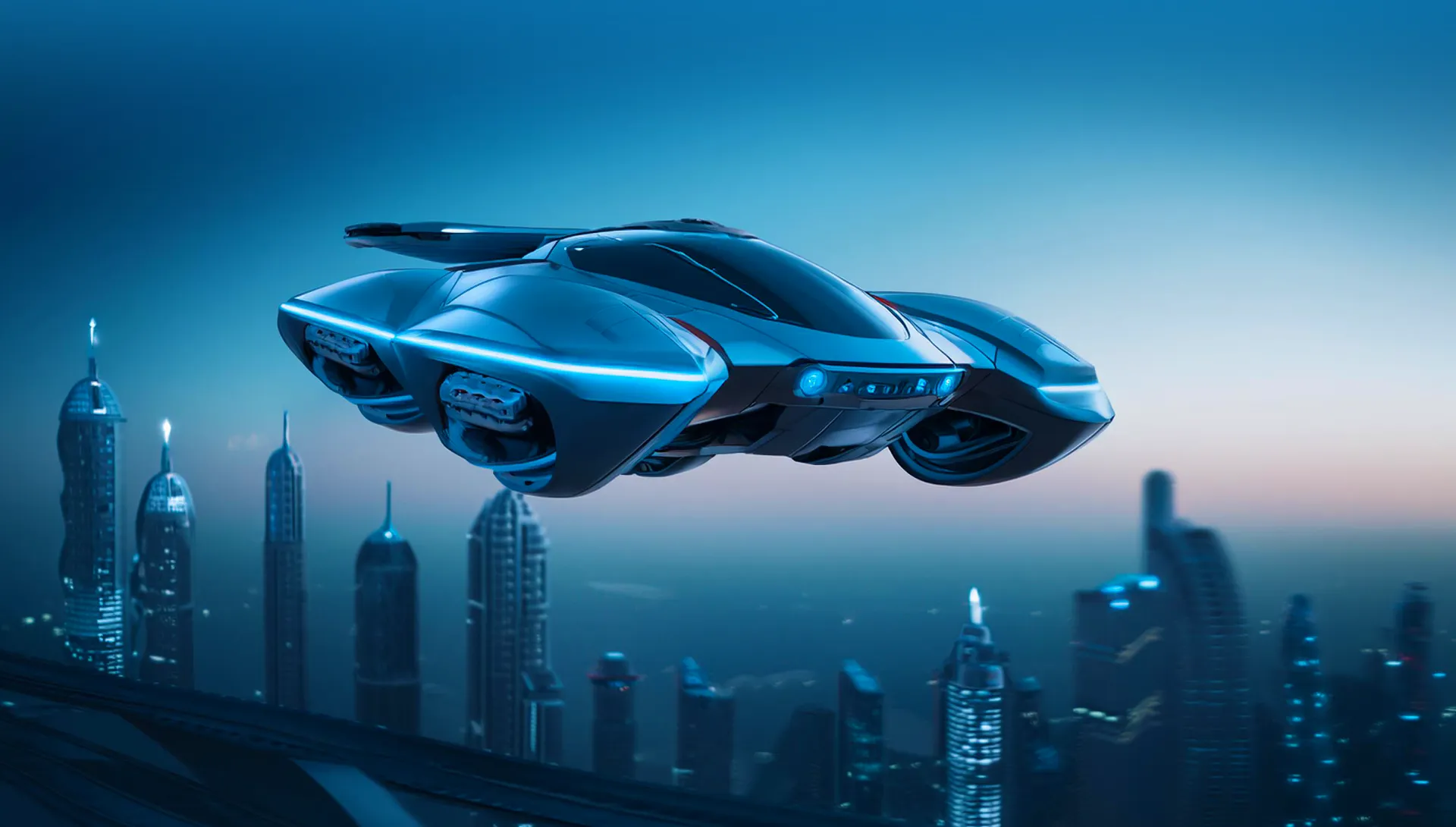 Ein futuristisches Raumschiff fliegt auf den Betrachter zu. Im Hintergrund sind Hochhäuser zu erkennen.