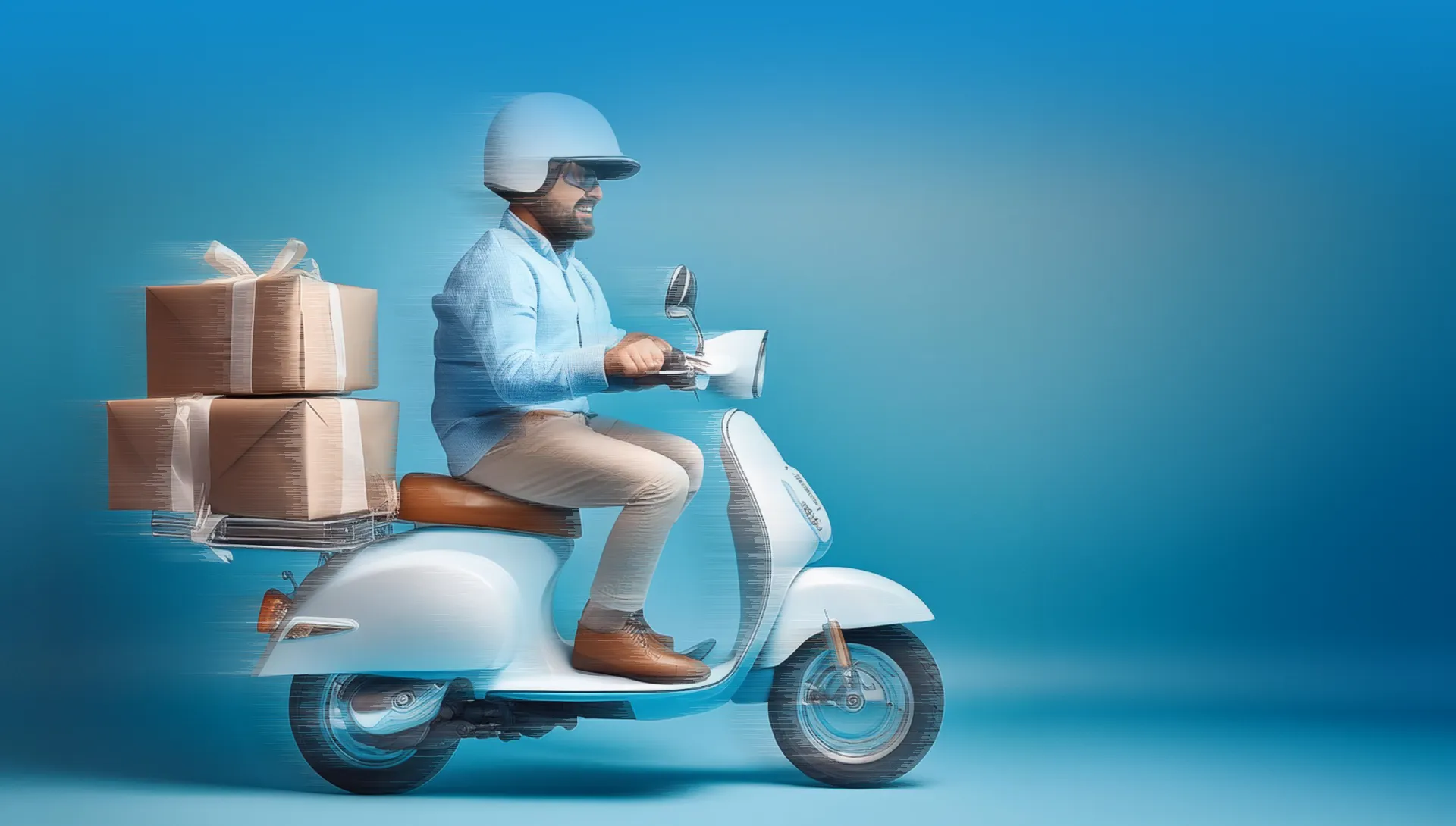 Ein Mann mit weißem Helm sitzt auf einem Roller und liefert Pakete aus.