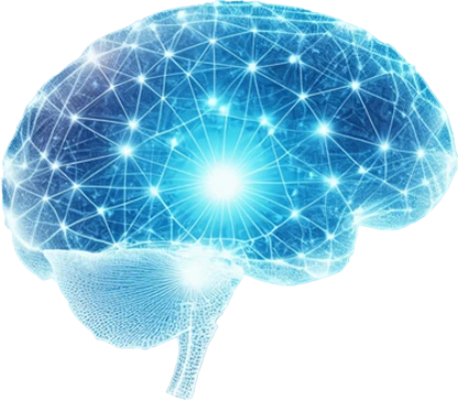 Das Bild zeigt ein Gehirn und die neurologischen Blitze und Impulse darin.