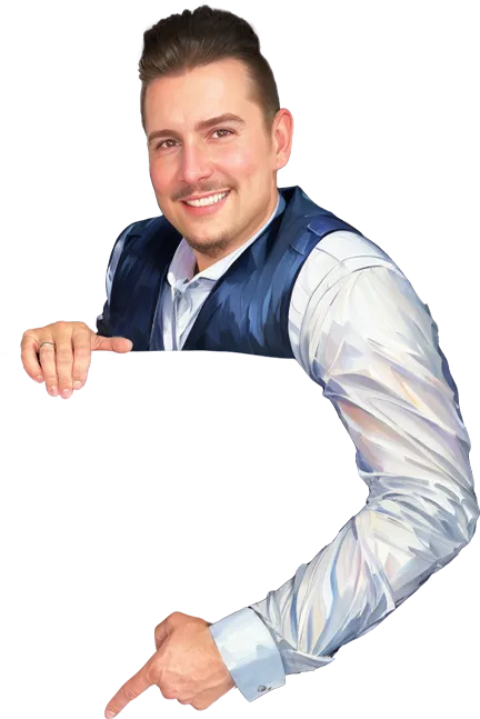 Ein lachender Mann zeigt auf etwas.